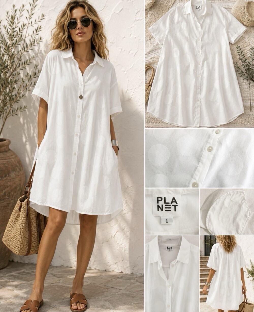 PLANET by Lauren G Shirt Dress Size 1 (S/M) White Ctn Tonal Circle Oversized USA